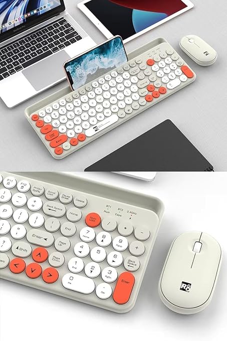 R8 1930 Fashion Dual Mode Bluetooth & Wireless Keyboard and Mouse Set With Mobile Holder - 3 Multi-Device (2.4G / BT1/ BT2)