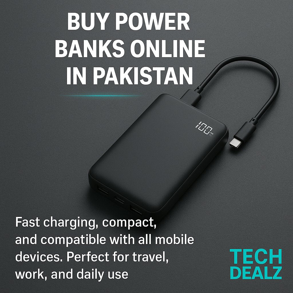 Shop high-capacity power banks at Tech Dealz. Fast charging, compact, and compatible with all mobile devices. Perfect for travel, work, and daily use in Pakistan.